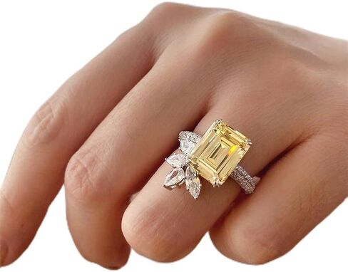 925 Sterling Silver Shiny Full Diamond Gemstone Ring 18K Citrine Flower Cocktail Ring Cubic Zirconia Promise Ring CZ Diamond Multi Row Rings Eternity Engagement Wedding Party Ring Z.175 (US Code 7) in Kuwait
