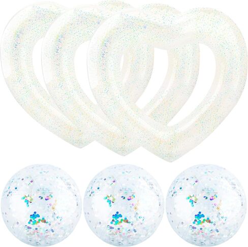 3 Pack Heart Pool Floats Inflatable Swim Rings and 3 Pack Inflatable Glitter Beach Ball for Water Fun Beach Bachelorette Party for Adults in Kuwait