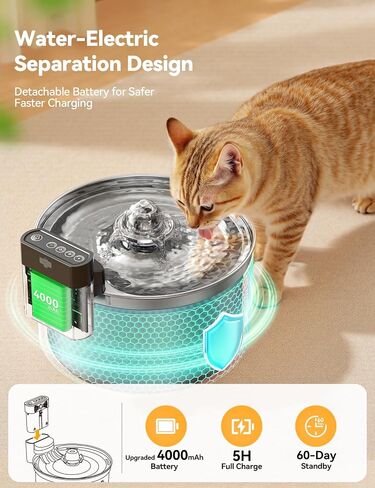 Cordless Cat Water Fountain Stainless Steel with Motion Sensor, Water-Battery Separation Safety Design,4000mAh Battery Operated Cat Water Dispenser for Cats Dogs, 3.5L/118oz - [FN-W19] in Saudi Arabia