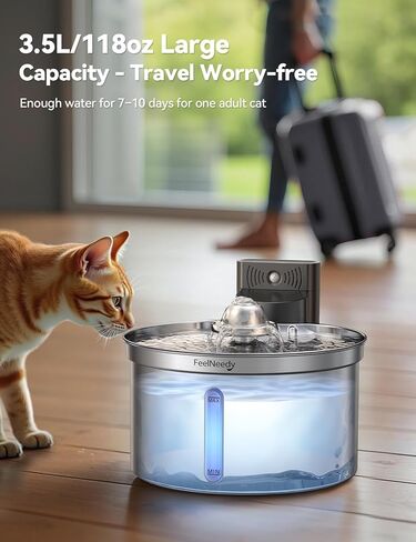Cordless Cat Water Fountain Stainless Steel with Motion Sensor, Water-Battery Separation Safety Design,4000mAh Battery Operated Cat Water Dispenser for Cats Dogs, 3.5L/118oz - [FN-W19] in Saudi Arabia