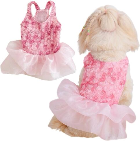 Small Dog Dresses Rose Flower Dog Cat Wedding Dress Puppy Tulle Dress Doggie Tutu Skirt Cat Outfit Pet Costume for Yorkie Teddy Chihuahua Clothes in Saudi Arabia