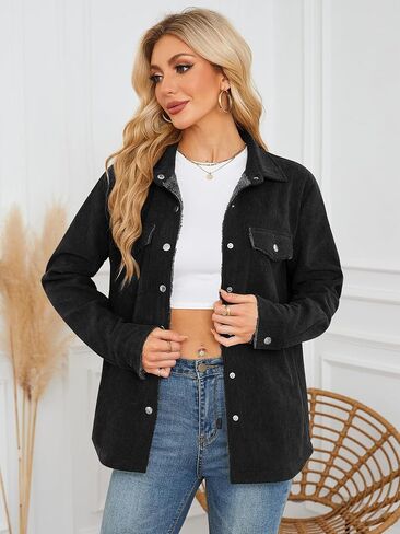 ZAFUL Womens Corduroy Sherpa Jackets Button Down Long Sleeve Fleece Outwear Coat with Pockets in Saudi Arabia