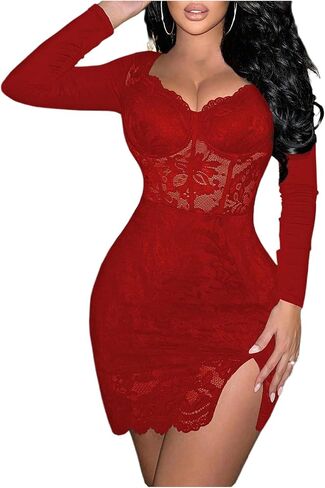 SOLY HUX Women's Lace Sheer Bodycon Mini Dresses Long Sleeve Sexy Club Night Out Party Dress in Saudi Arabia