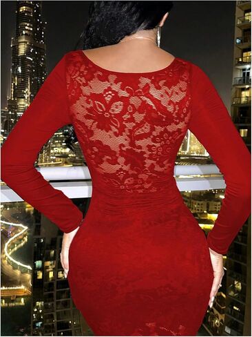 SOLY HUX Women's Lace Sheer Bodycon Mini Dresses Long Sleeve Sexy Club Night Out Party Dress in Saudi Arabia