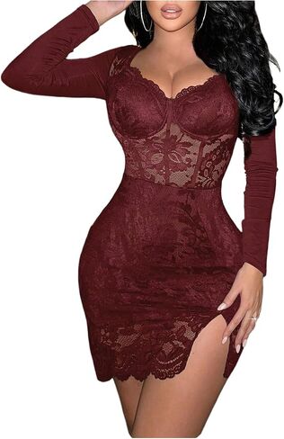 SOLY HUX Women's Lace Sheer Bodycon Mini Dresses Long Sleeve Sexy Club Night Out Party Dress in Saudi Arabia