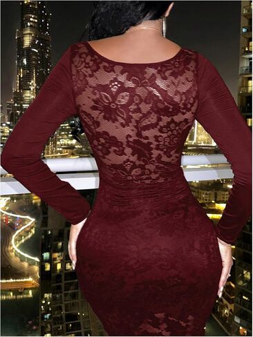 SOLY HUX Women's Lace Sheer Bodycon Mini Dresses Long Sleeve Sexy Club Night Out Party Dress in Saudi Arabia