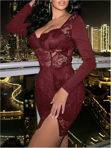 SOLY HUX Women's Lace Sheer Bodycon Mini Dresses Long Sleeve Sexy Club Night Out Party Dress in Saudi Arabia