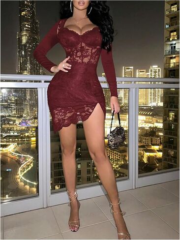 SOLY HUX Women's Lace Sheer Bodycon Mini Dresses Long Sleeve Sexy Club Night Out Party Dress in Saudi Arabia