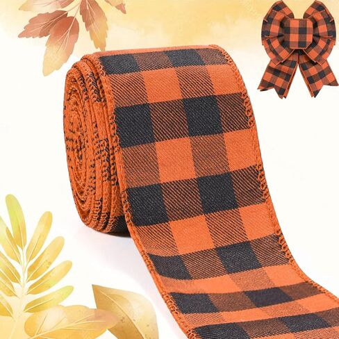 Halloween Decoration Ribbon Wired, Black Orange Gingham Fabric Ribbon Farmhouse Plaid Checkered Ribbon for Bow Wreath Supplies Gift Wrapping DIY Craft Party Decor Baby Shower Birthday, 2.5" x 10 Yards in Kuwait