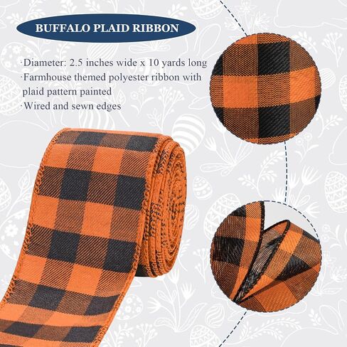 Halloween Decoration Ribbon Wired, Black Orange Gingham Fabric Ribbon Farmhouse Plaid Checkered Ribbon for Bow Wreath Supplies Gift Wrapping DIY Craft Party Decor Baby Shower Birthday, 2.5" x 10 Yards in Kuwait
