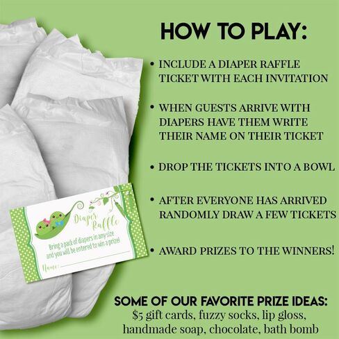 Two Peas In A Pod Twin Girls Diaper Raffle Tickets for Baby Showers, 20 2" X 3" Double Sided Insert Cards for Games by AmandaCreation, Bring a Pack of Diapers to Win Favors & Prizes! in Kuwait