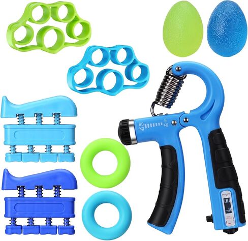 Grip Strength Trainer Kit 9 Pack with Forearm Strengthener, Countable Hand Grip Strengthener,Hand Extension Exerciser, Stress Relief Ball, Grip Ring for Enhance hand strength, Recover Hand .(Blue) in Saudi Arabia