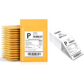 Fuxury Kraft Bubble Mailers 4x8" 50 Pack Padded Envelopes + Thermal Labels 4x6 200 Labels Fanfold Direct Shipping Labels, for Small Business Mailing Shipping