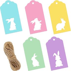 WHALINE 100PCS EASTER PAPER GIFT علامات Hollow-Out Easter Colorful Bunny Rabbit Tags with String Jute Twine 5 Colors Hanging Label Name Tags for Gift Wapping Party Favor