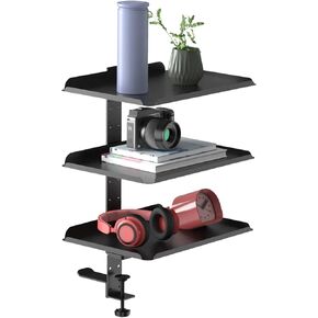 3 Tier Clamp On Desk Shelf - Over Or Under Table Clamp,with Adjustable Metal Storage Tray Headphone Stand with No Drill Installation, for Home Office, Gaming Devices,Storage Tray,and More