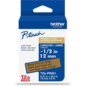 Brother Genuine P-Touch Tze ، طباعة سوداء على شريط العلامات الذهبية (TzePr831) ، بريق متميز ، 1/2 بوصة × 26.2 قدم (12 مم × 8M) لصناع الملصقات P-Touch ، التصفيح القوي ، لصياغة