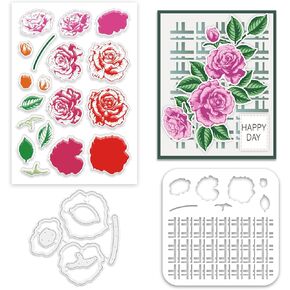 INFUNLY Layered Rose Flowers Clear Stamps and Cutting Dies Set with Reusable Layered Roses Wall Painting Template Red Roses Clear Silicone Stamps Roses Metal Die Cut for Card Making DIY Craft Decor