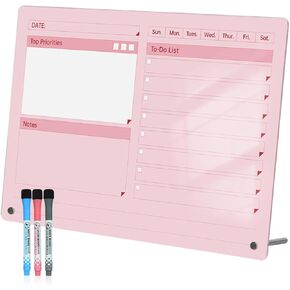 Acrylic Dry Erase to-Do List Board with Top Priorities Notes, 9x13 Desktop Whiteboard Planner with Stand, Daily Task Organizer for Office/Home/School, Includes 3 Dry Erase Markers (Pink)