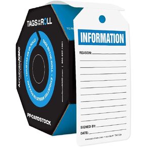 Accuform TAR720 Tags by-The-Roll Inspection and Status Record Tags, Legend "Information", 6.25" Length x 3" Width x 0.010" Thickness, PF-Cardstock, Blue/Black on White (Pack of 100)