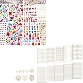 ملصقات 6475pcs ملصقات Gem ملصقات اللؤلؤ - ملصقات جوهرة الراين اللاصقة ، عصا على أحجار الراين للأحجار الكريهة للحرف اليدوية ، ملصقات قلب الاكريليك ، لؤلؤة لوجه الشعر