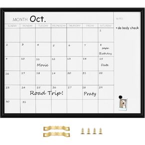 TORASO 17" x 23" Dry Erase White Board & Monthly Calendar Board, Black Wood Frame, Magnetic Whiteboard for Office, School and Home, Hanging Board for Planning/Schedule/School Timetable(YL-BK-4358-A)