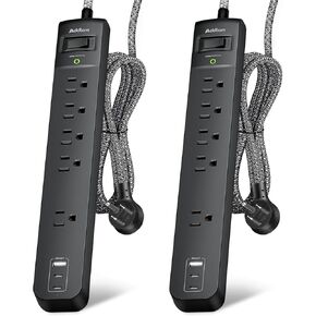 عبوتان من واقي التيار الكهربائي - 5 منافذ متباعدة على نطاق واسع، 3 منافذ شحن USB، 1875 وات/15 أمبير مع سلك تمديد مجدول 6 أقدام، قابس مسطح، حماية من زيادة التحميل الزائد، حامل على الحائط للمكتب المنزلي