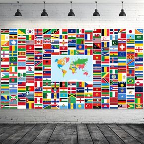 Tiamon World Flags Banner 3x5.3 FT World Flags Backdrop Polyester Country Banner Banner مع الحكماء النحاسي وسلسلة لزخارف أحداث الحفلات الرياضية للمكاتب
