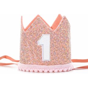 Alianzeo First Birthday Party Crown ، أول قبعة حفلة عيد ميلاد وردية للطفلة أو الصبي ، قبعة Glitter Crown للطفل الأول