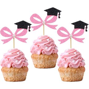 24 PCS Pink Bow Graduation Cupcake Toppers Coquette Capcake Capcake اختيارات تهانينا