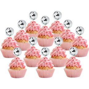 Joersh 24pcs Disco Ball Cupcake Toppers - 1970s Disco Ball تختار ديسكو ديسكو ديكورات كعكة ديسكو موضوع 70s ديسكو حفلة (Silver)