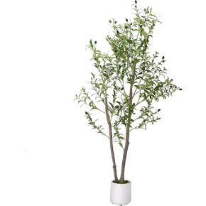 Artificial Olive Tree 6FT, Indoor Fake Silk Plant with Realistic Trunk, Leaves, Fruits and White Planter, Faux Potted Tree for Home Decor and Housewarming Gift, 1 Pack