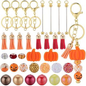 Sunnyclue DIY 10 مجموعات قابلة للخرز Keychain Kit Kit Thanksgiving Day Beded -keychain Bars Wooden Pumpkin Bead Autumn Fall Rhinestone Beads for keychains Crafts Women Compe Gift Party Supplies Supplies Supplies Supplies