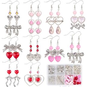 SUNNYCLUE 1 Box DIY 10 Pairs Earrings Making Kits Bowknot Charms Romantic Valentines Day Charms Silver Bowknot Charm Bow Charms Red Heart Beads for Jewelry Making Kits Women Gifts Holiday Supplies