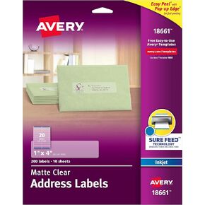 تسميات بريلية سهلة للبريد لطابعات الحبر ، 1 × 4 ، Clear ، 200/Pack ، تباع كحزمة واحدة