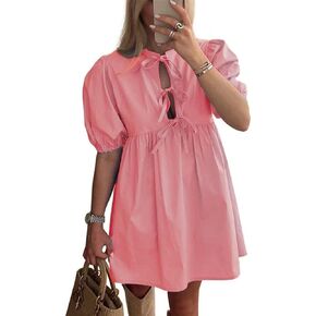 Women Casual Summer Puff Sleeve Mini Dress Bow Tie Front Y2K Babydoll Cut High Waist Peplum Dress