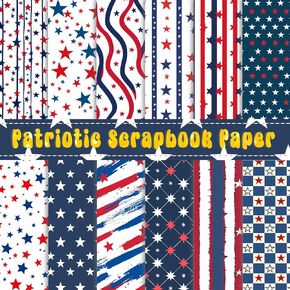 24 ورقة ورقة سجل القصاصات الوطنية ، Red Blue Stars Stripes Patterns Decorative Craft Paper Flat Form For 4th July Card Cards Making Scrapbook Done Done Decor (Bright ، 12 'x 12' ')