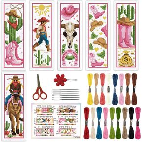 ORIGACH 6 Set Cowboy Cross Stitch Bookmark Kits for Beginner, Western-Style Cowboy Stamped Cross Stitch Kits with Instructions for Adults Bookmarks Lovers