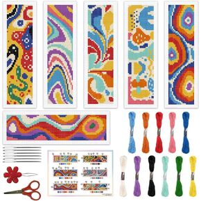 ORIGACH 6 Pcs Cross Stitch Bookmark Kit for Beginner Adults, Modern Abstract Stamped Embroidery Bookmark Kit with Instruction for Starters Printed Cross Stitch DIY Kits for Book Lovers