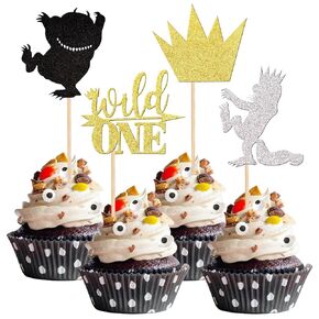 24 PCS بريق حيث تكون الأشياء البرية مستوحاة من القبعات العليا البرية One Crown Cupcake يختار استحمام الطفل أطفال عيد ميلاد ديكورات الكعكة اللوازم
