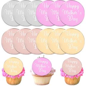 12 PCS Happy Mother's Cupcake Topper Mirror Mini Round Cake Cake Food Food Acrylic Accysories Party Best Mom Decorations Supplies