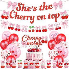 32 PCS Cherry Party Decoration ، إنها الكرز في لوازم حفلات عيد الميلاد مع لافتة وبالونات وأغطية الكعكة والكب كيك للنساء عيد ميلاد دش دش الزفاف