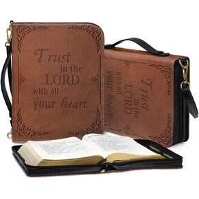 Talayituse Cross Lion Print Faux Leather Bible Cover for Men Women ، The Lord هو قوتي ذات قدرة كبيرة من كتاب Bible Book Cover Bag Case مع حزام الكتف والمقبض ، XL