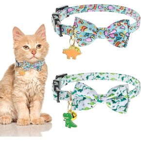2 Pack Cotton Cat Collar for Soft Breakaway, Kitten Collar Adjustable and Comfortable for Boy and Girl Cats, Cat Bow Tie with Dinosaur Patterns