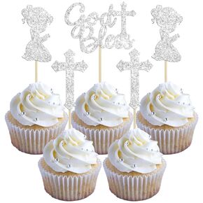 Gyufise 24pcs Rose Gold Glitter Girl God and Topmcake Cupcake Topcake Cross Babyshower Cupcake يختار أول مواصلة معمودية مسيحية للمعمودية.
