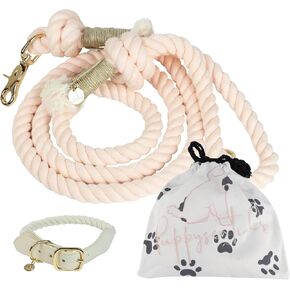 Premium Dog Collar and Leash Set: Braided Cotton Rope Dog Leash (5ft, Light Pink) & Adjustable Comfort Dog Collar (L, Creamy White), Durable Leash and Dog Collar for Large Dogs, Comes with Handy Bag