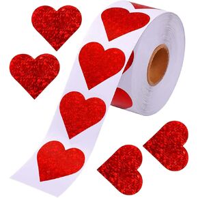 Valentines Glitter Red Heart Stickers, 1.5" Heart Decorative Labels 500 per Roll, Valentine's Day Love Decorations for Wedding, Anniversaries