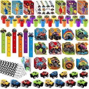 Benlouis 96pcs Monster Truck Party Party Favors Truck Car Stampers Stampers School School Steplists Bulk for Kids Wheels Party Race Car تحت عنوان Party Goodie Bag Stuffers Pinata Filler Supplies