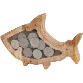 Xzjmy Wooden Sharks Bank ، Wooden Piggy Bank-Coin Bank مع تصميم مقطوع ، هدايا شخصية ، للبنين والبنات ، ديكور هدية عيد ميلاد عيد الميلاد (على شكل أسماك)