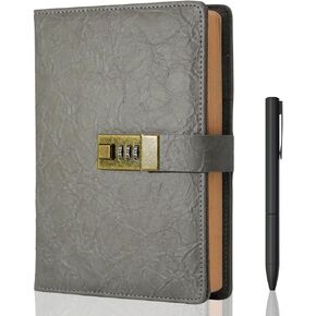 Journal for Men, Vintage Leather Diary for Writing, A5 240 Kraft Pages College Ruled Notebook, Refillable Planner Organizer with Metal Pen and Gift Box (Vintage Gray with Lock)