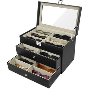 12 Slots Sunglasses Storage Organizer Multiple Pairs Sunglass Glasses Case Leather Eyeglasses Organizer Box for Women Men -2 Layers, Black